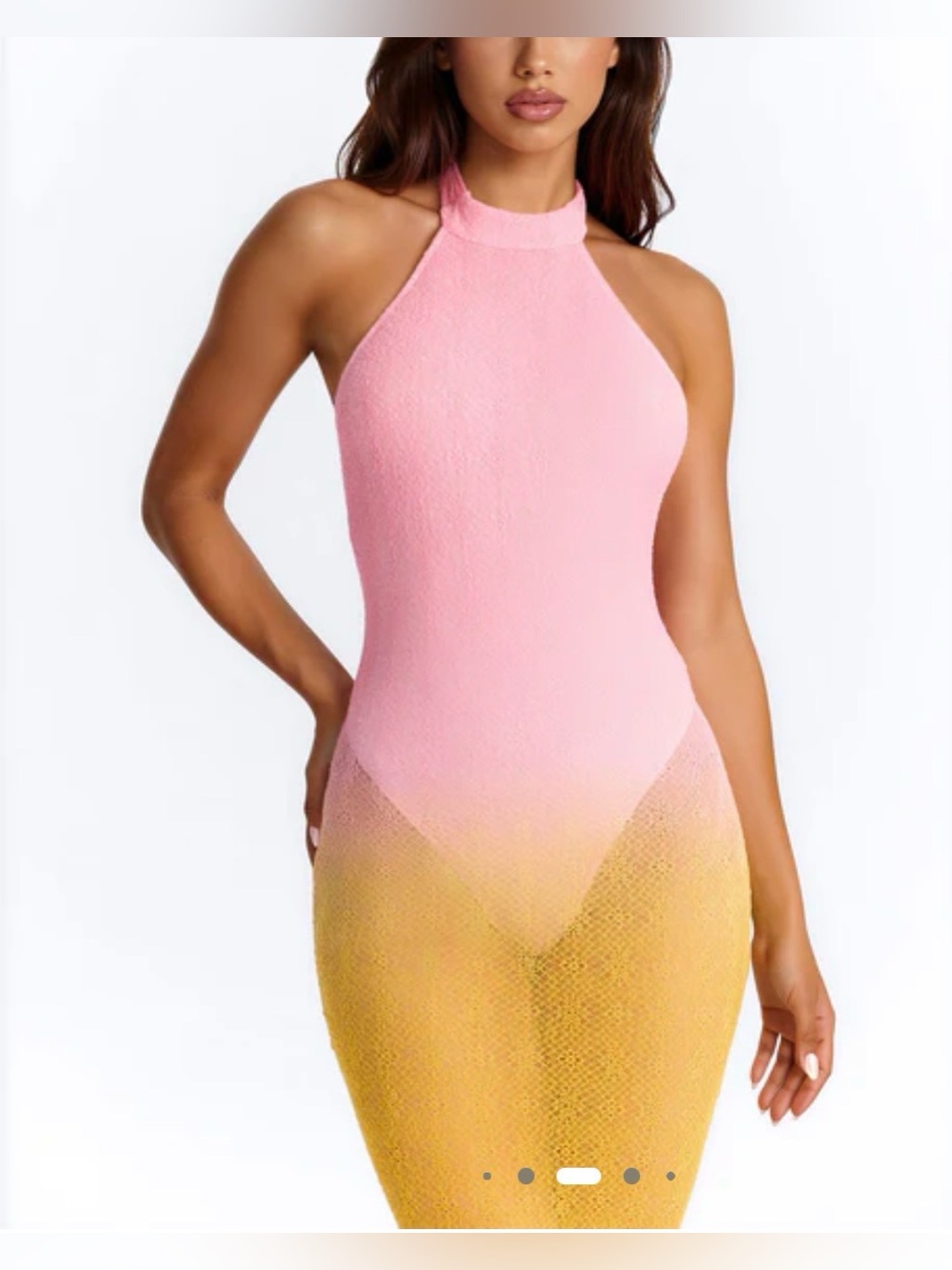 High Neck Pink to Yellow Summer Sunsets Ombre Crochet Maxi Dress - Pink/combo